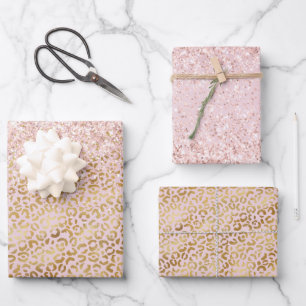 Rosa Goldleopard Print Blush Glitzer Geschenkpapier Set