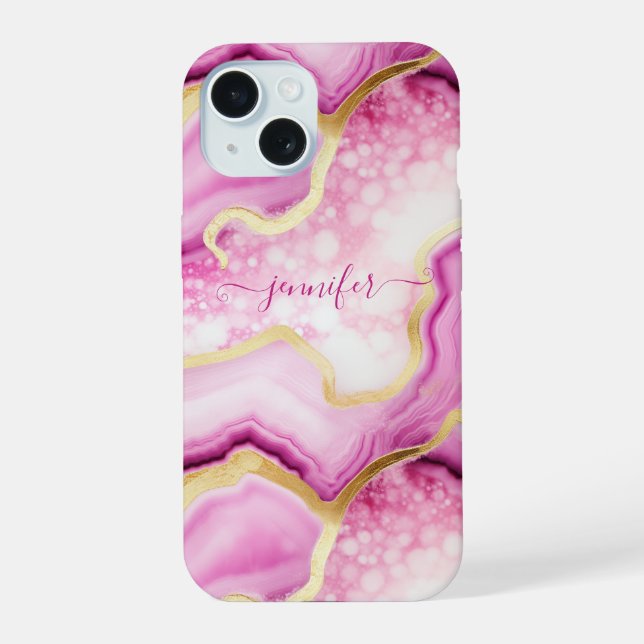 Rosa Goldmarmor-Achat-Geode mit Monogramm Chic iPhone 15 Hülle (Rückseite)