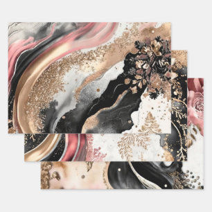 Rosa Goldmarmor-Blumen-Glitter-Abstraktdesign Geschenkpapier Set