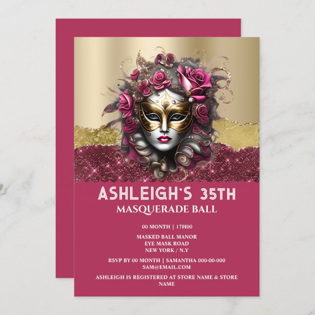 Rosa Goldmaskerade Rose Venezianische Maske Mädche Einladung (Vorne/Hinten)