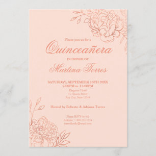 Rosa Goldrand Blumen Florale Quinceanera Einladung