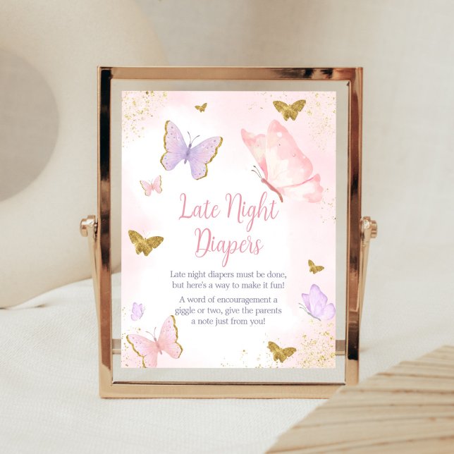 Rosa Goldschmetterling Späte Nacht Windeln Poster (Purple Gold Butterfly Baby Shower Late Night Diapers Sign)