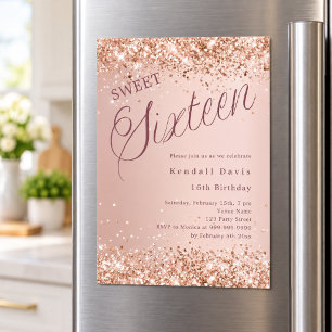 Rosa Goldschrift modern Sweet 16 Magneteinladung