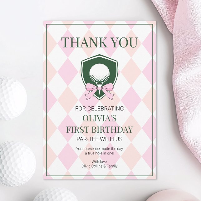 Rosa Golf Modernes Loch in einem Mädchen 1. Geburt Dankeskarte (Pink Golf Modern Hole In One Girls 1st Birthday Thank You Card)
