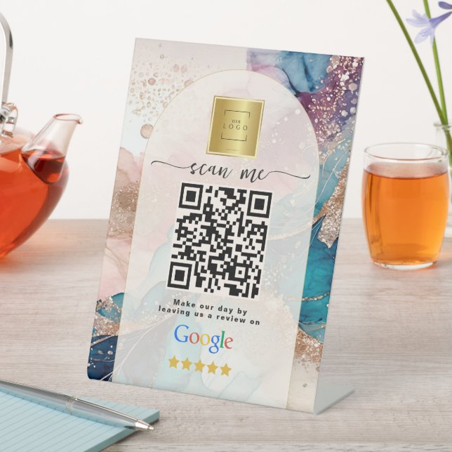 Rosa Google Bewertungen Geschäft-Link QR-Code   Sockelschild (In Situ)