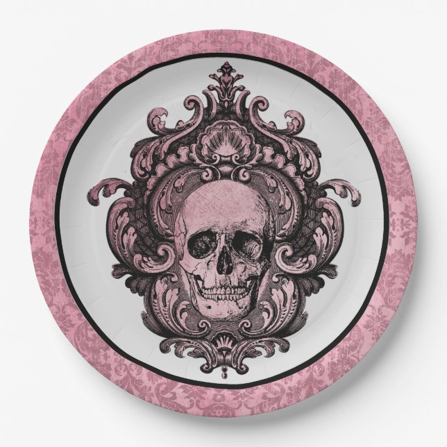 Rosa Gothecary Vintag Halloween Skull Pappteller (Vorderseite)