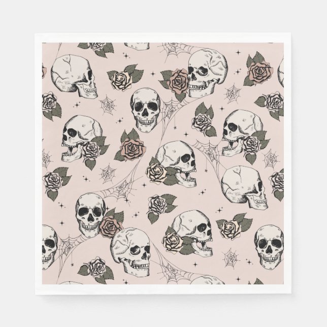 Rosa Gothic Skulls und Rose Halloween Serviette (Vorderseite)