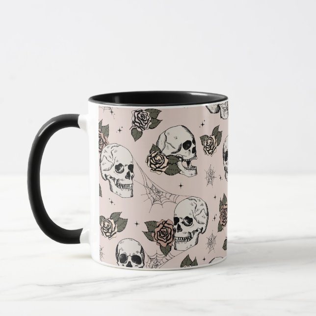 Rosa Gothic Skulls und Rose Halloween Tasse (Links)