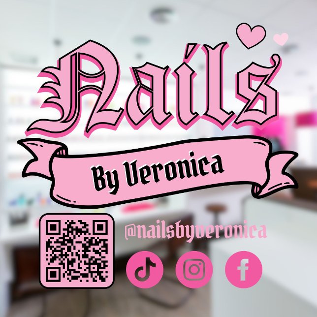 Rosa gotische Schrift Nagelstudio QR-Code  Fensteraufkleber (Pink Gothic Lettering Nails Salon QR Code Window Cling)