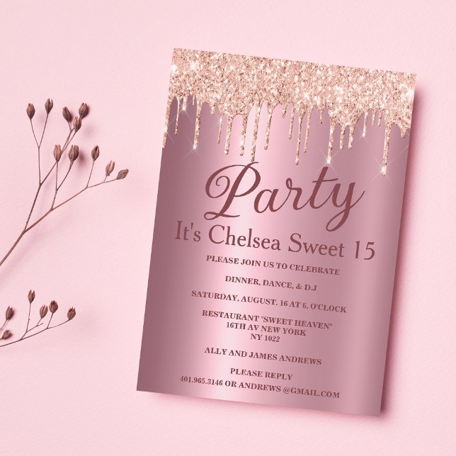 Rosa Gradienten Rose Gold Glitzer Tropfen Sweet 15 Einladung (Pink gradient rose gold glitter drips Sweet 15 Invitation )