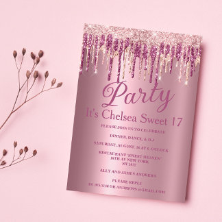 Rosa Gradienten Rose Gold Glitzer Tropfen Sweet 17 Einladung