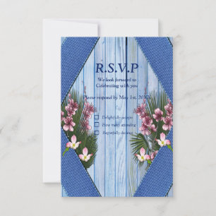Rosa grafische Blumen auf Blauholz-Stofftextur RSVP Karte
