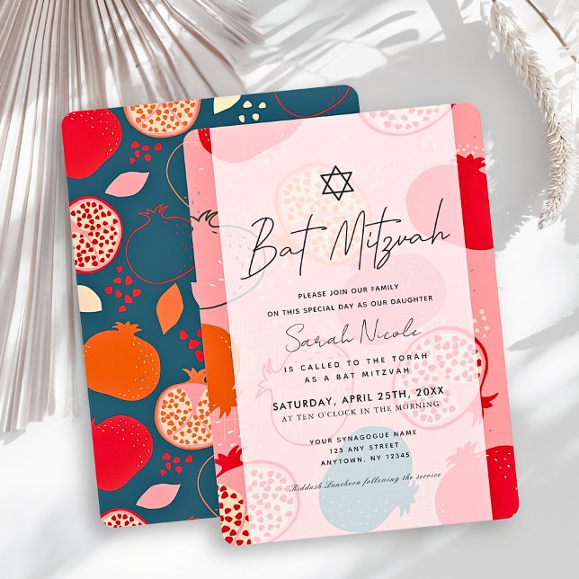 Rosa Granatapfel-Muster Bat Mitzvah Einladung (Von Creator hochgeladen)
