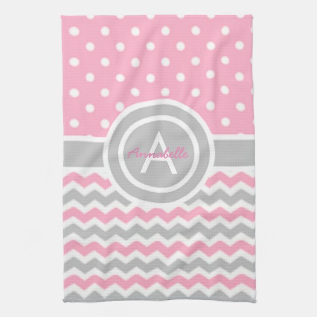 Rosa Grau Punkte Chevron Geschirrtuch (Vertikal)