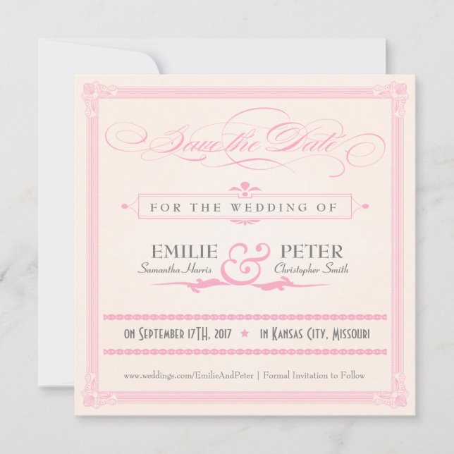 Rosa, Grau- und Creme-Farbenes Poster-Style Save-t Save The Date (Vorderseite)