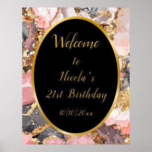 Rosa, Grau und Goldmarmor Agate Geburtstagsparty Poster