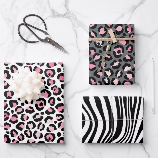 Rosa, Grau und Schwarz Safari Tierausdruck Geschenkpapier Set (Vorderseite)
