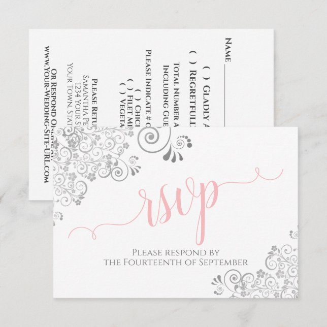 Rosa Grau & Weiß Kalligraphie Hochzeit RSVP Karte (Vorne/Hinten)