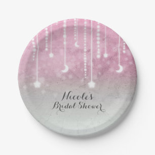 Rosa Grau Weiße Mond & Sterne Himmlische Babyparty Pappteller