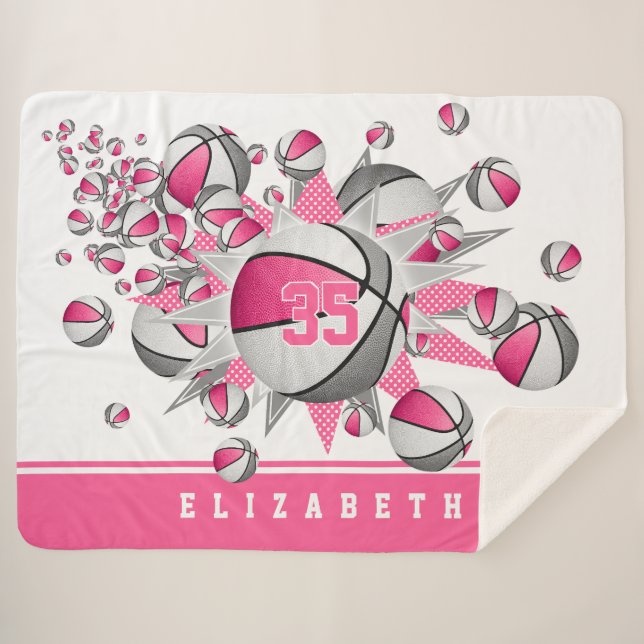 Rosa graue Basketbällchen - Mädchen-Sportdekoratio Sherpadecke (Vorderseite (Horizontal))