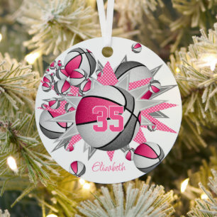 Rosa graue Basketbälle Sterne Mädchen halten Sake Ornament Aus Metall