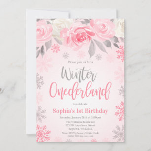 Rosa graue Blumen Winter ONEderland 1. Geburtstag Einladung