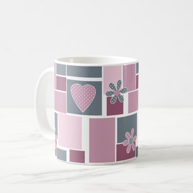 Rosa graue braune Patchworkarbeit aus quadratische Kaffeetasse (Vorderseite Links)
