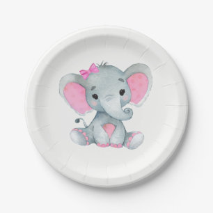 Rosa graue Elefant-Platte 4 Babyparty, Geburtstag Pappteller