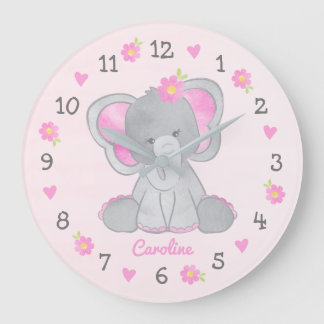 Rosa graue Elefanten Blume Name Girl Kinderzimmer Große Wanduhr