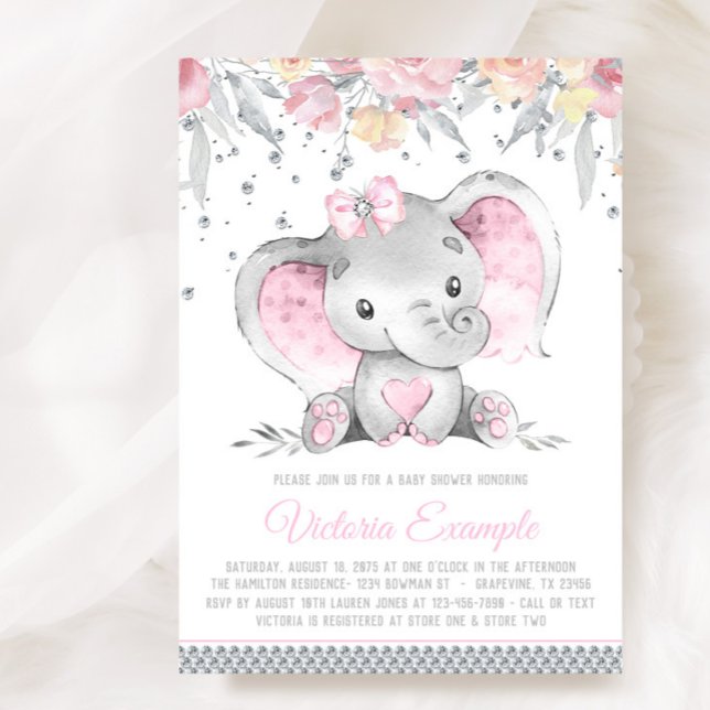 Rosa graue Elefantenflorale Diamant Girl Babydusch Einladung (Sweet baby girl elephant baby shower invitation. Instant download and printed invitations available.)