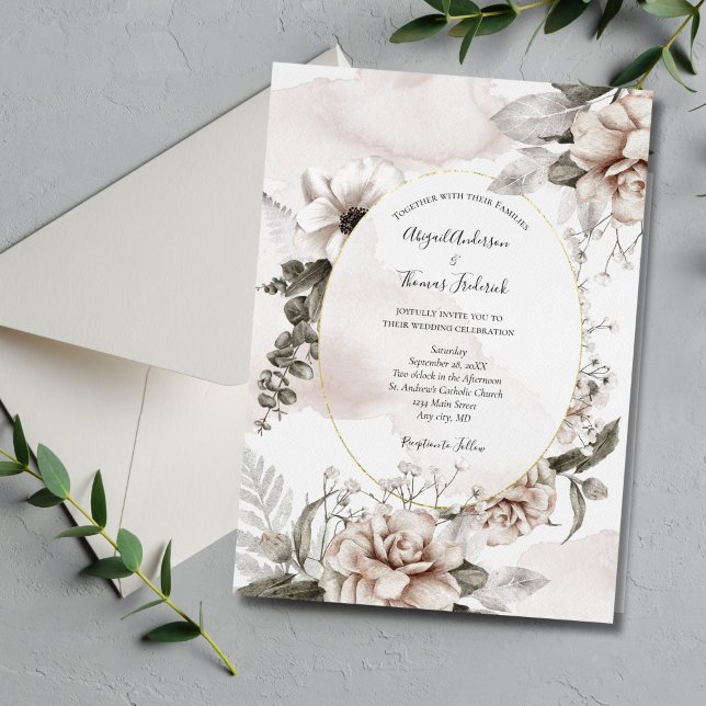Rosa Graue florale Botanische Elegant Festliche Ho Einladung (Blush Pink Gray Floral Watercolor Wedding Invitation. Elegant and Classic.)