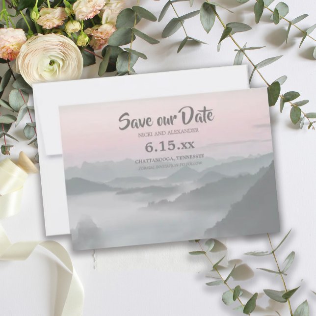 Rosa Graue Foggy Mountains Rettete unser Datum Hoc Save The Date (Von Creator hochgeladen)