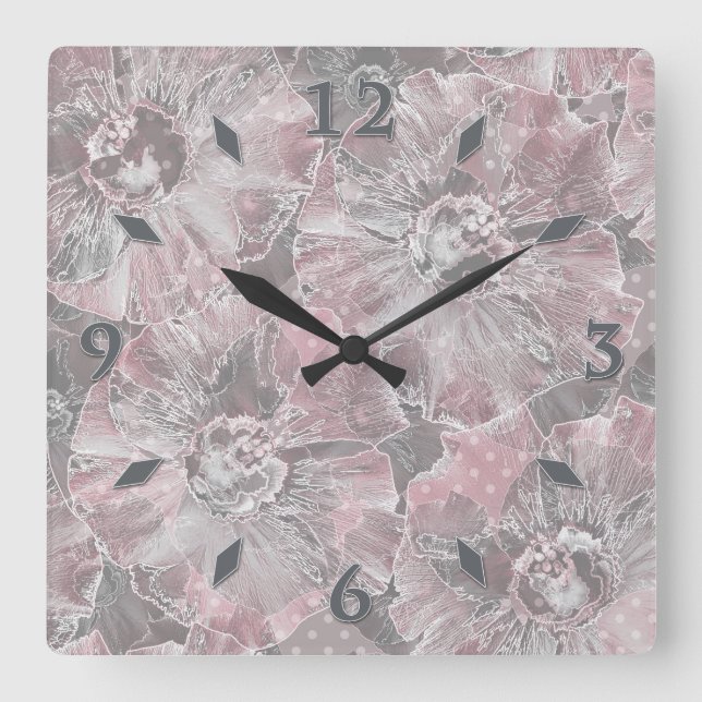 Rosa graue, große Blume Quadratische Wanduhr (Vorderseite)