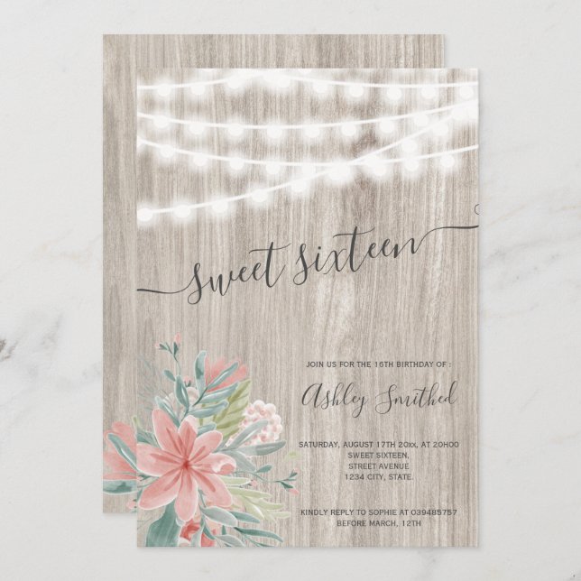 Rosa graue hölzerne mit Blumenschnur beleuchtet Einladung (Vorne/Hinten)