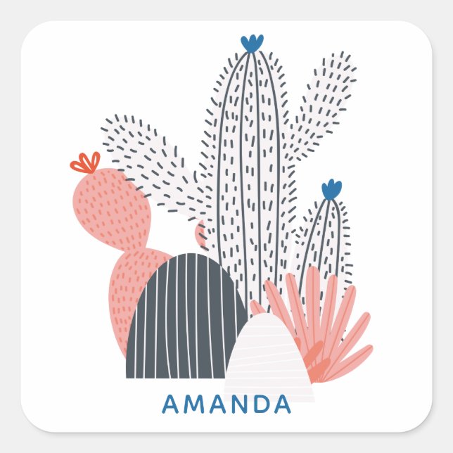 Rosa graue Kaktus. Moderne abstrakte Kakteen sukku Quadratischer Aufkleber (Vorderseite)