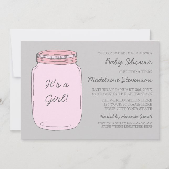 Rosa Graue Mason Jar Custom Baby Dusche Einladunge Einladung (Rückseite)