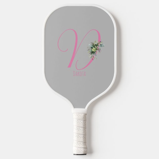 Rosa graue Monogramm Aquarellfarbe Blume grau Pickleball Schläger (Vorderseite)