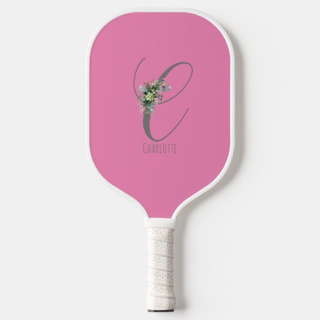 Rosa graue Monogramm-Blume Buchstaben C Pickleball Schläger (Vorderseite)