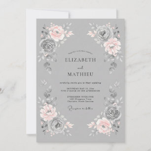 Rosa Graue Romantische Florale Hochzeit Einladung