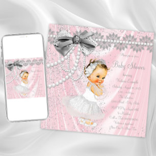 Rosa graue Satin-Perlen-Baby-Shower für kleine Dam Einladung