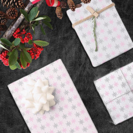Rosa graue Schneeflocken Geschenkpapier Set