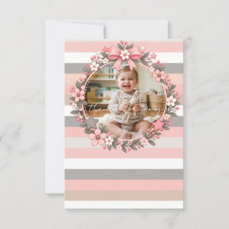 Rosa Graue Streifen Blumenfoto Baby Shower Dankeskarte