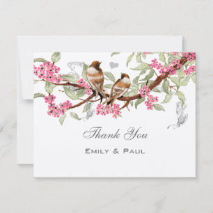 Rosa & Graue Vintage-Liebesvögel-Hochzeits-RSVP Dankeskarte