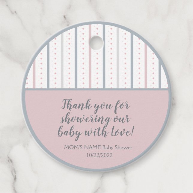 Rosa graue, weiße Streifen und gepunktete Babydusc Geschenkanhänger (Vorderseite)