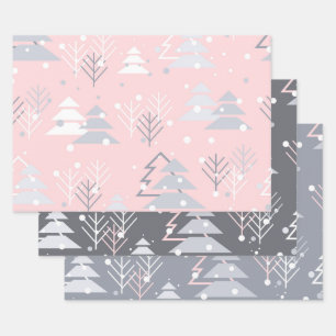 ROSA GRAUE WEIßE WEIHNACHTSBÄUME GESCHENKPAPIER SET