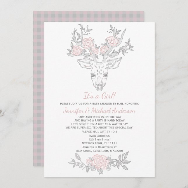 Rosa graue Woodland Girl Deer Baby Dusche per Post Einladung (Vorne/Hinten)