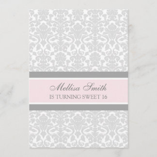 Rosa grauer Damast 16. Bithday Party Einladung