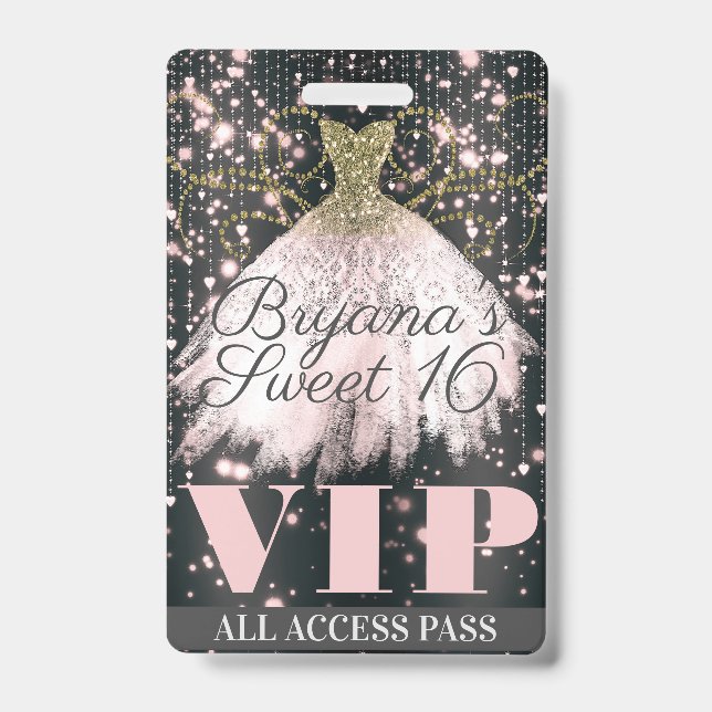 Rosa Gray Gold Sparkle Dress Sweet 16 VIP Pass Ausweis (Vorderseite)