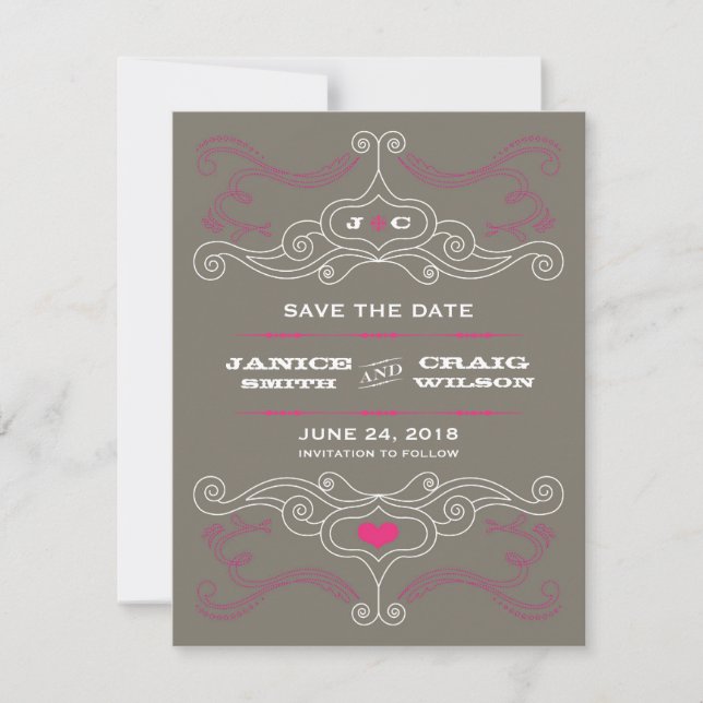 Rosa & Gray Rock 'n' Roll Music Themed Wedding Save The Date (Vorderseite)