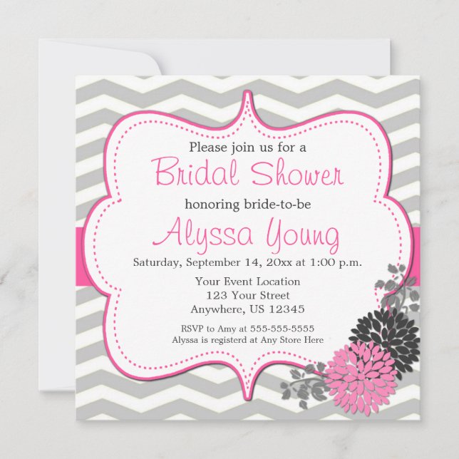 Rosa Gray Zickzack Bridal oder Baby Dusche Einladu Einladung (Vorderseite)